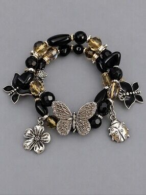 VTG Fairycore Black Glass Beaded Butterfly Ladybug Charm Stretch Bracelet